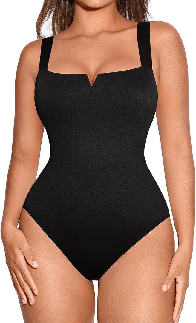 FeelinGirl Bodysuit for Women Black Tank Top Tummy Control Slimming Square Neck Bodysuits Going Out Tops Jumpsuits Black XL