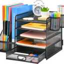 Marbrasse Organizador de escritorio con soporte para archivos, organizador de bandeja de papel de 5 niveles con cajn y 2 soportes para bolgrafos, organizador de escritorio de malla y almacenamiento (Negro -)