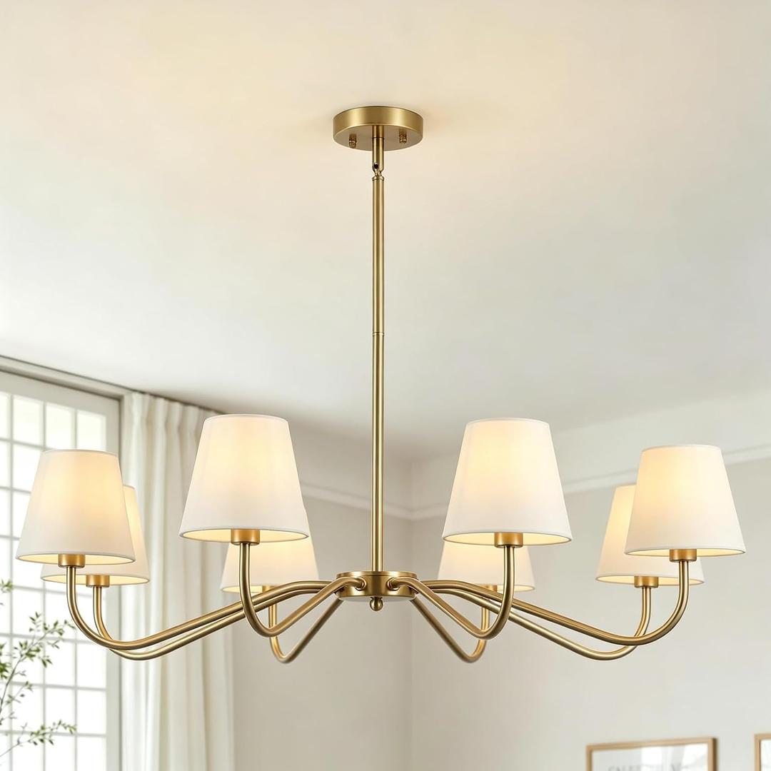 36.6'' Brushed Brass Chandelier with Off White Fabric Shade Oversized 8-Lights Modern Chandelier for Living Room Dining Room Light Fixture Adjustable Pendant Light Fixture for Kitchen Bedroom