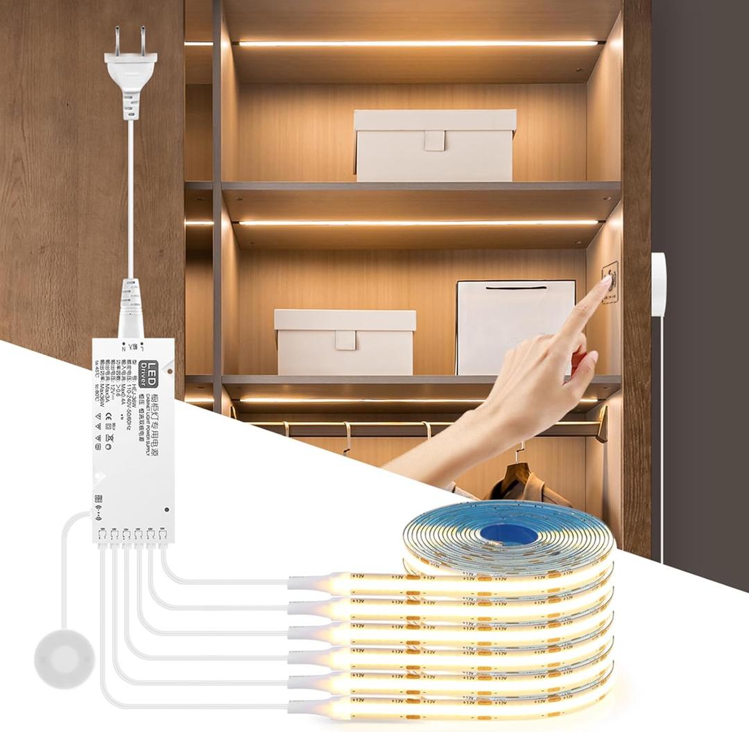 COB LED Strip Lights 12V Penetrable Wood Touch Dimmable LED Under Cabinet Light Kit with 60W Adapter 2M/6.56FT Flexible COB LED Strip for DIY Kitchen,Cabinet,Counter,Shelf,Showcase Decor (Warm White)