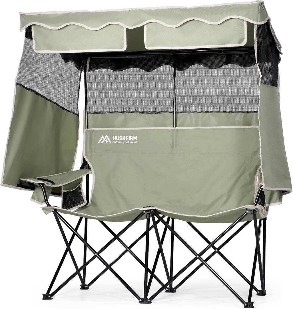 Double Camping Chair with Shade Canopy 2 Person Folding Chair with Canopy Portable Beach Chair Heavy Duty Camping Chair with Two Cup Holders and Side Pocket for Outside Camping,Beach,Sports (Green)