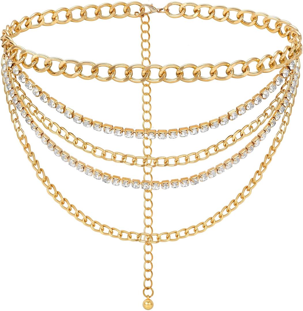 FIORETTO Chain Belt for Women Metal Waist Chain Fashion Multilayer Chain Belts for Dress (Fit Waist Up to 36", Multi-rhinestone-gold)