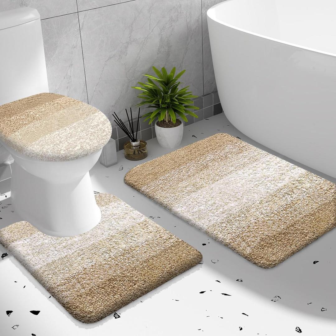 OLANLY Bathroom Rugs Sets 3 Piece, Soft Microfiber Absorbent Bath Mat, U-Shaped Contour Toilet Mat and Toilet Lid Cover, Quick Dry, Machine Washable, Toilet Cover and Rug Set for Bathroom, Tan (30" x 20" + 24" x 20" + 17.5" x 15")