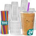 GUSTO [24 oz. - 100 Count Clear Cups with Flat Lids & Straws - Disposable Clear Drinking Cups for Iced Coffee, Cold Drinks, Milkshakes, and Smoothies - Formerly Comfy Package