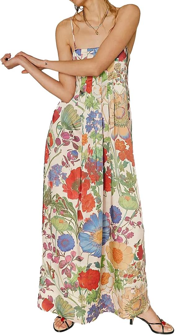 ABYOVRT Women Boho Floral Maxi Dress Backless Spaghetti Strap A-Line Flowy Summer Vacation Long Dress (Green,L)