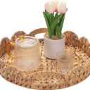 Yangqihome Round Scalloped Serving Tray, 14 inch Decorative Water Hyacinth Scalloped Basket with Built-in Handles, Round Ottoman Trays for Coffee Table for Kitchen and Living Room