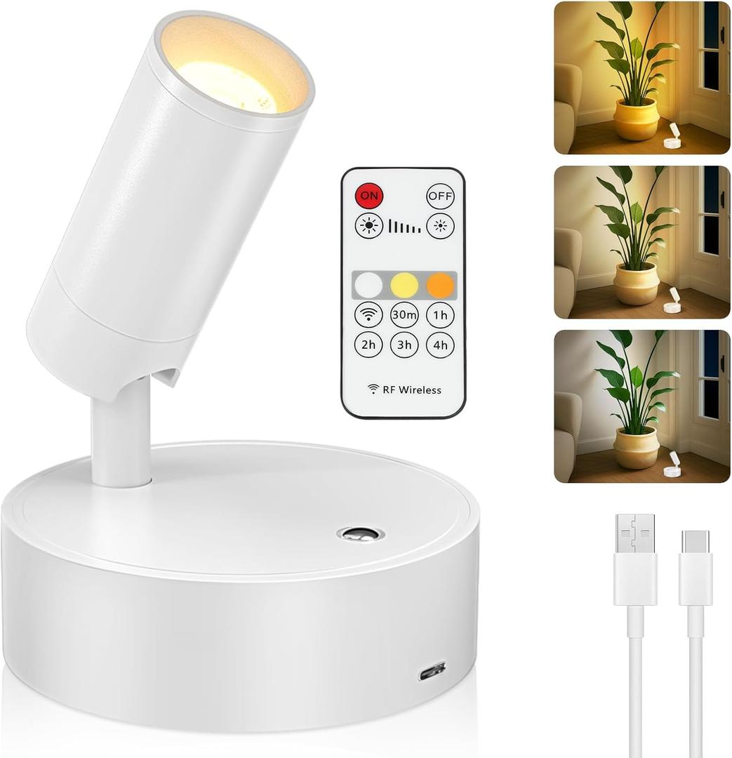 Kimjo Spot Lights Indoor, Rechargeable Plant Spotlight Indoor, Wireless LED Up Lights Accent Lighting with Timer and Dimmable, Battery Powered Picture Light (1 Pack, White)