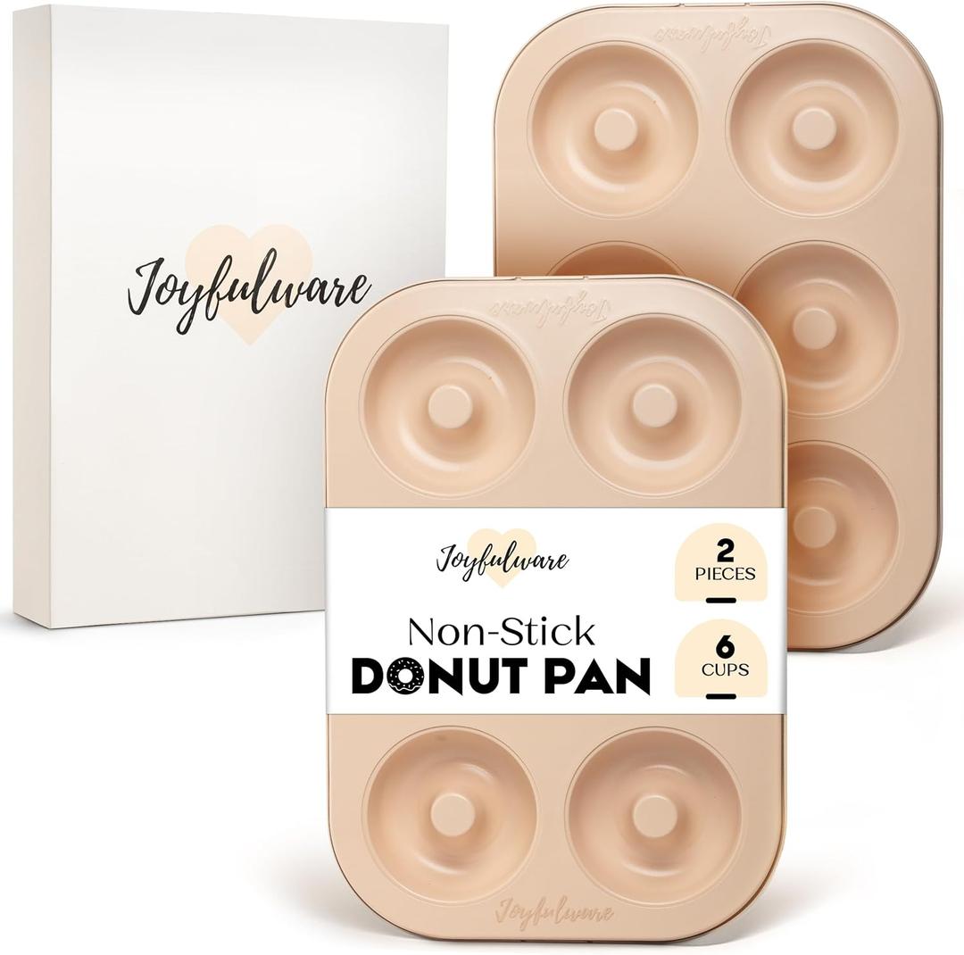 Donut Pan for Baking - Set of 2 Non-stick Donut Pans - Carbon Steel Doughnut Pan - 6 Cavity Full-Sized Donut Molds for Baking - Trendy Beige Donut Baking Pan