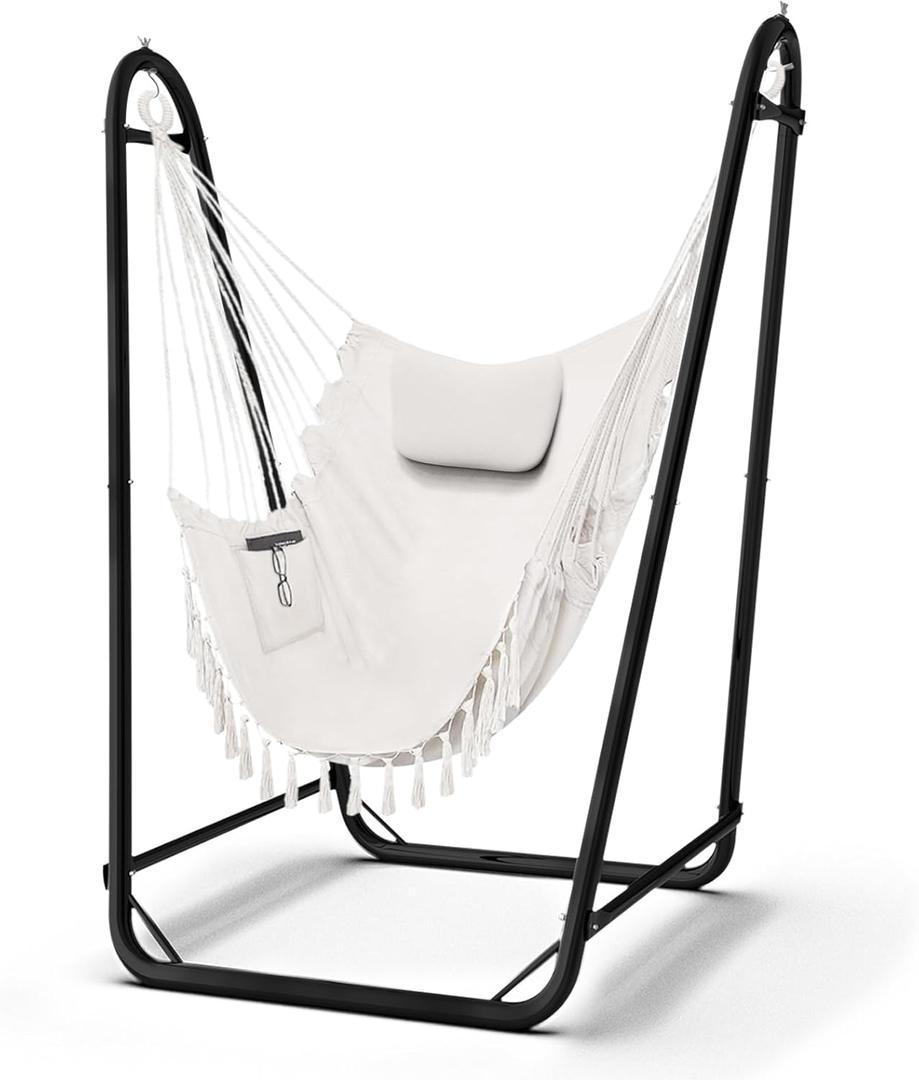 Hammock Chair with Stand,Heavy-Duty Hanging Chair with Stand, for Indoor Outdoor,Sturdy Swing Chair Stand Max Load 350 pounds(Hammock Chair Included) (White)