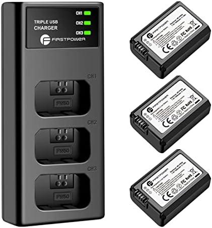 FirstPower NP-FW50 Battery 2-Pack and Triple Slot Charger for Sony Alpha A6000 A6300 A6400 A6500 A7 A7II A7RII A7SII A7S A7S2 A7R A7R2 A5100 A5000 RX10 RX10II ZV-E10