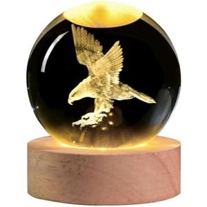 QIANCHANG 3D Eagle Crystal Ball Night Light, Glass Eagle Figurine Lamp, Laser Etched Engraved Crystal Eagle Statue, Carving Crystal Sphere Paperweight(2.4 in)