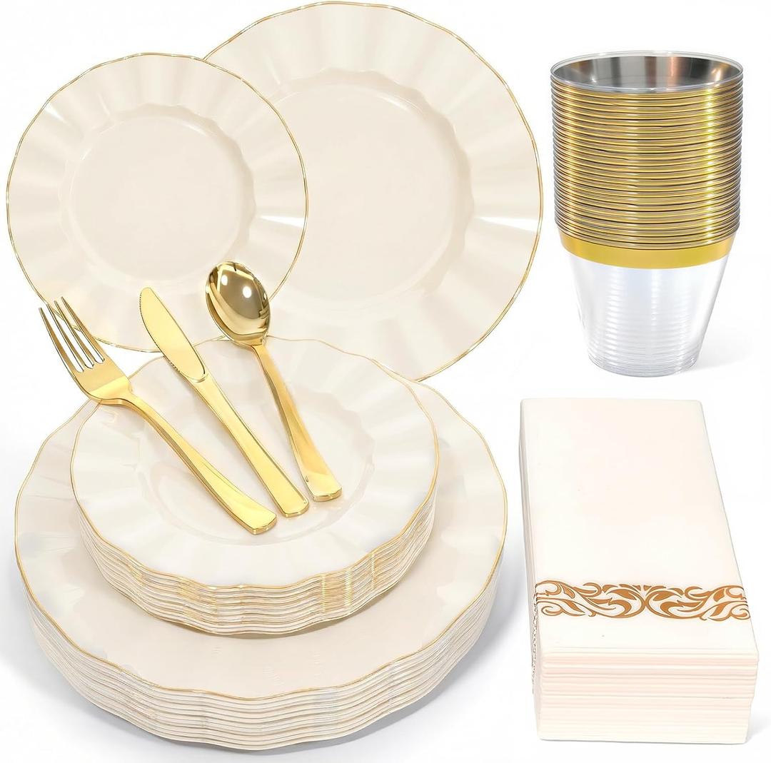175 Piece Plastic Dinnerware Set Disposable Dinnerware Set for 25 Guests Include 50 Plastic Plates 25 Silverware Set 25 Cups and 25 Napkins for Mother's Day Party Wedding BirthdayWhite and Gold