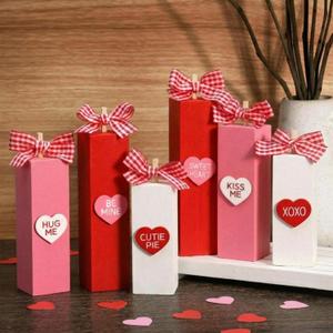Tradder 6 Pcs Valentine's Day Table Decorations Valentines Table Block Sign Wooden Tiered Tray Decor Love Sign Tabletop Centerpieces, Hug Kiss Me- Gifts for Anniversary Home Wedding Party Supplies