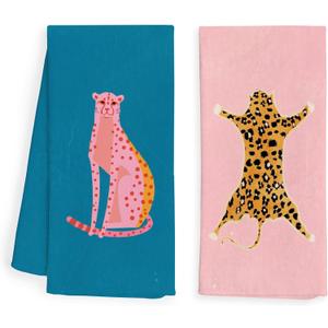 WFSM Pink and Blue Preppy Leopard Cheetah Kitchen Towels and Dishcloth Set of 2, Funky Trendy Dish Towels for Kitchen, Funky Hand Towels for Bathroom, Preppy Bathroom Decor, 16x24 Inches