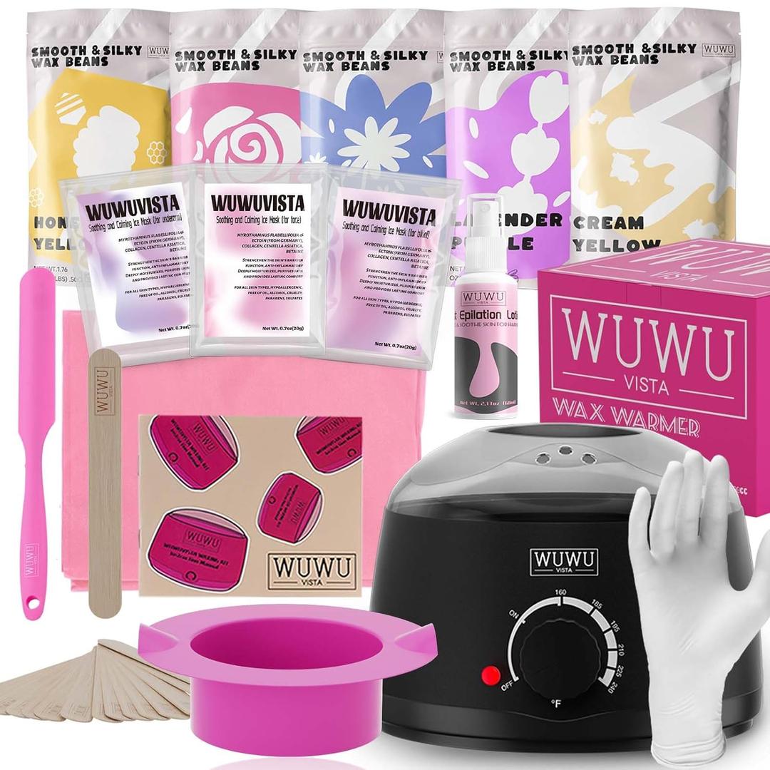 Waxing Kit, WUWUVISTA Hair Removal Hard Wax Kit with Wax Melt Warmer & Waxing Beads for Women & Men - Professional at home Wax Pot for Face/Brazilian/Full Body/Bikini/Sensitive Skin (Black, 35 items) (8.82 Ounce, Pack of 1)