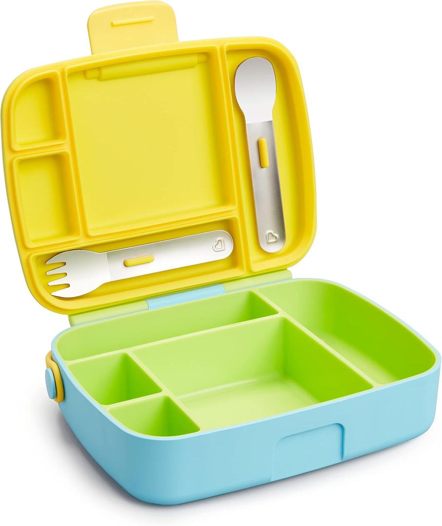 Munchkin Lunch Bento Box for Kids and Toddlers, Includes Stainless Steel Utensils, BPA-Free, 18 Months and Up, Blue/Green/Yellow