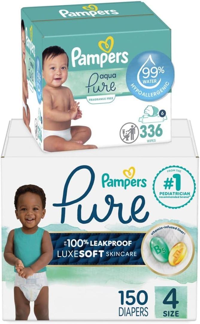 Pampers Pure Protection Disposable Baby Diapers Size 4, One Month Supply (150 Count) with Aqua Pure Baby Wipes, 6X Pop-Top Packs (336 Count)