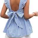 Floerns Women's Striped Print Boat Neck Tie Back Sleeveless Maternity Peplum Blouse Tops, XL, Blue and White
