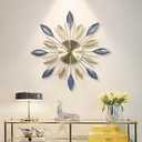 Wall Clock Large for Living Room Decorative 24 inch Clocks Silent Non Ticking Modern Metal Leaf Design for Bedroom Home,Dining Room,Kitchen 3D Wall Clock 60cm Blue Gold Color