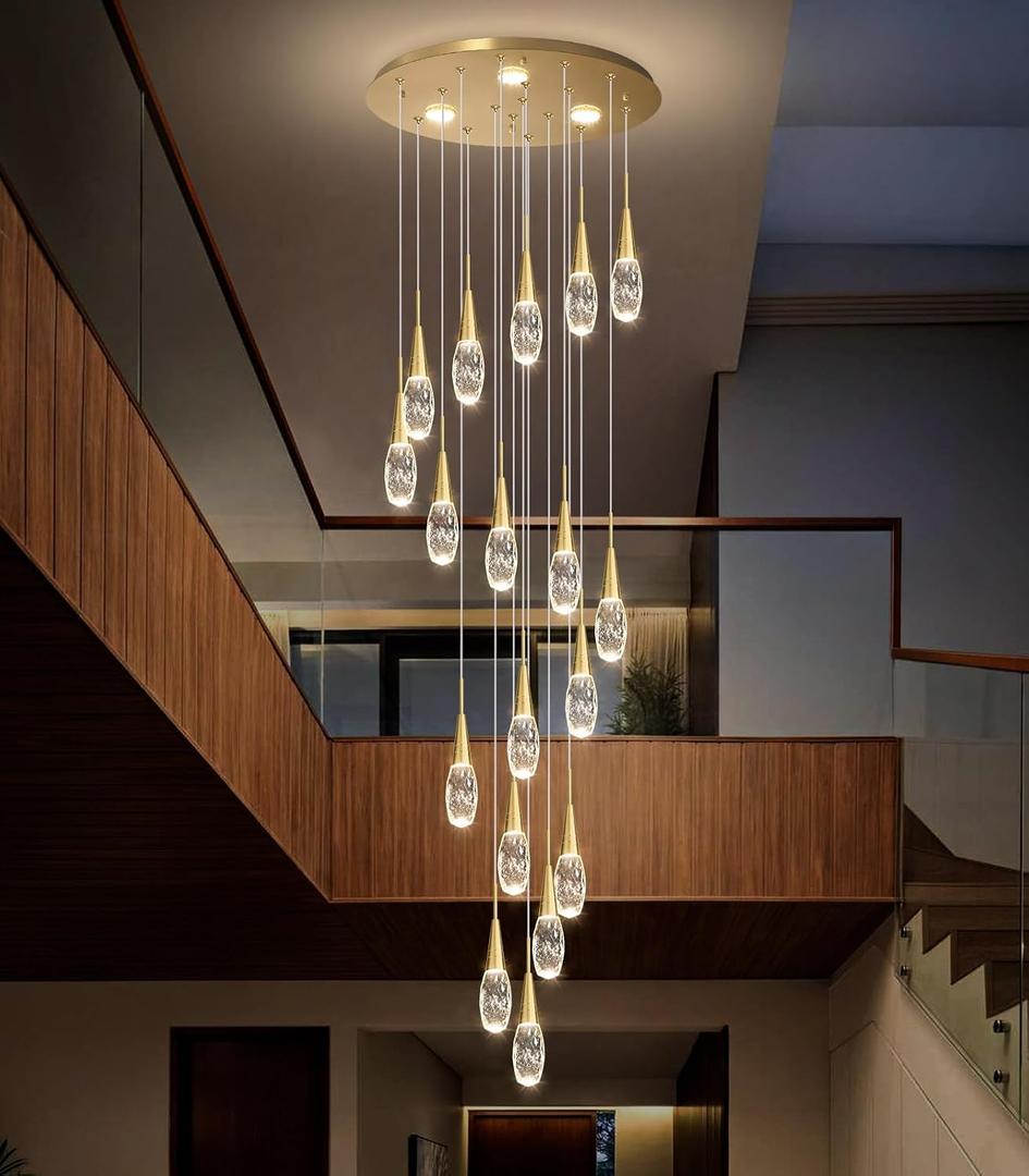 18-Lights 138 Inches Modern Chandelier LED Light Fixtures High Ceiling Long Light Chandelier for Entrance Foyer Dimmable Lights with Remote Living Room Ceiling Pendant Lighting Drop Lights Shine Gold