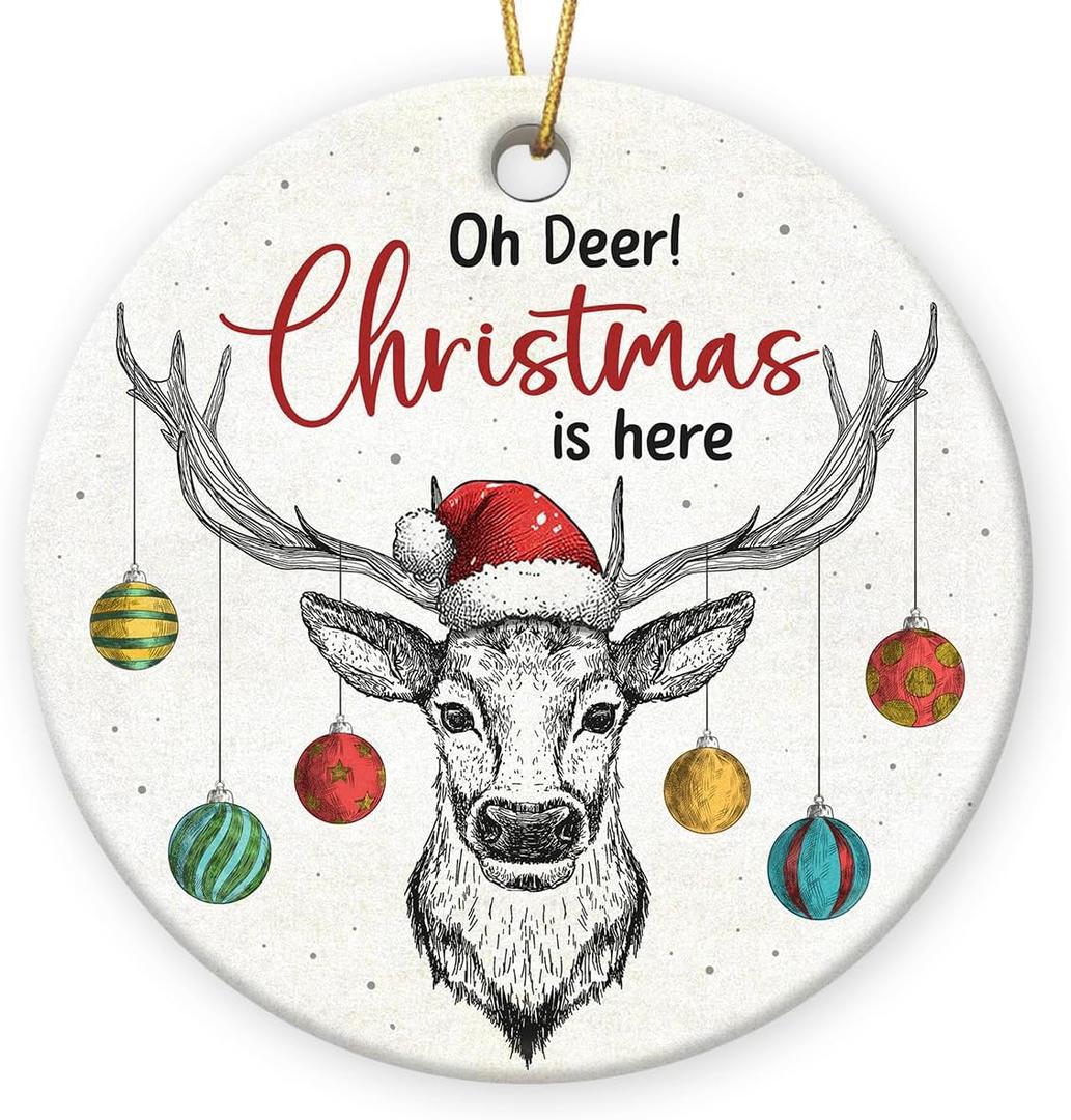 6 x Deer Christmas Ornament 2025 - Funny Gifts for Men, Women, Friends, Coworker, Double Sided Ceramic Deer Hunting Ornament as Gift for Nature Lover Woman, Animal Lover Gifts