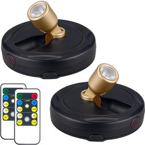 Wireless LED Spotlight, Battery Powered Picture Lights, Uplighting Indoor, Puck Lights with Remote, Stick Spot Light for Wall Art Display Dartboard Painting Artwork Accent Closet-Gold (2 Pack)