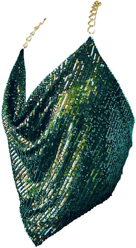 Gold Sexy Tops for Women Sparkly Deep V Neck Crop Tank Tops Cami Body Chain Top (Forest Sequins, Medium)
