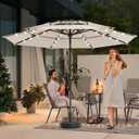 JEAREY 3 Tiers Patio Umbrella with Solar Lights 9ft Outdoor Market Table Umbrellas with Push Button Tilt for Outside Pool Garden, Tan