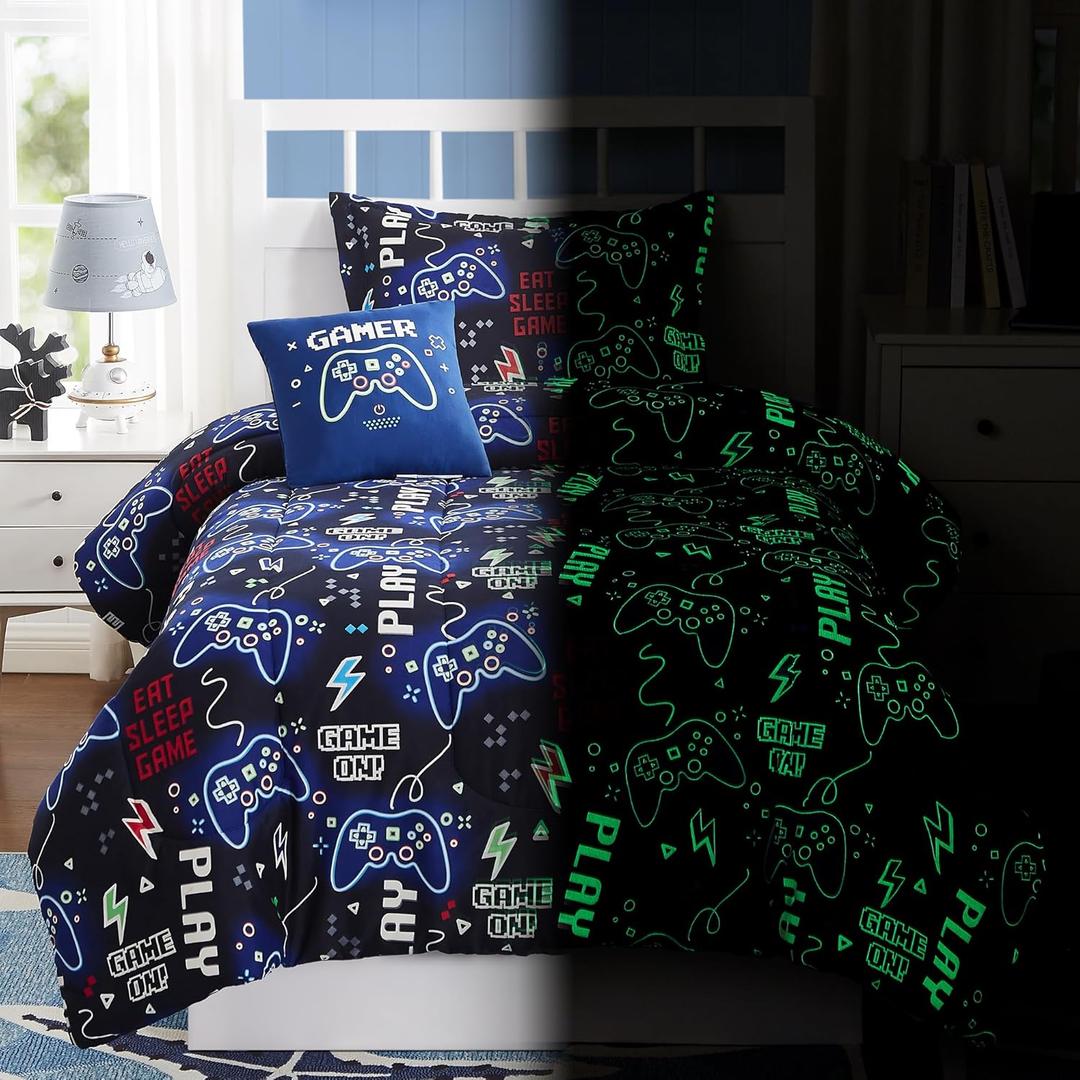 Kids Comforter Set Twin Size for Boys, Glow in The Dark Gamer Bedding Set 1 Comforter, 1 Decor Pillow, 1 Pillow Shams
