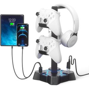 KDD Headphone Stand with USB Charger, Controller Stand for Desk, Headphone Holder with 2 USB Charging Ports and 3 AC Outlets, Accessories for Desktop(Black)
