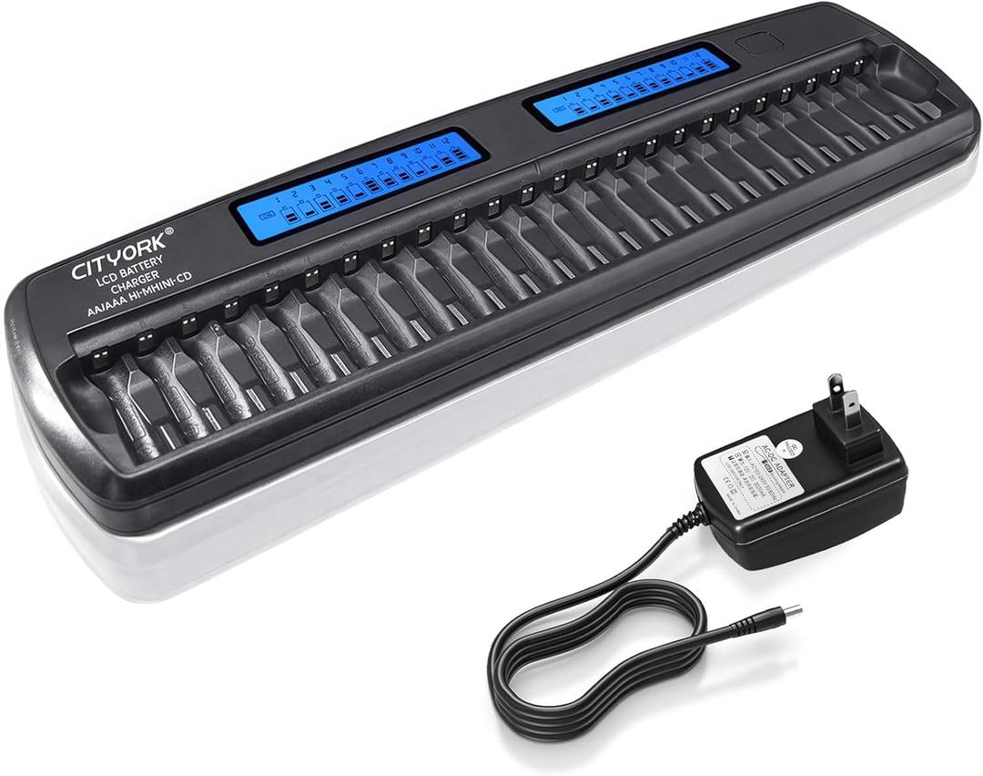 24 Bays AA AAA Large Smart Battery Charger LCD Display for 1.2V AA/AAA NiMH/NiCd Rechargeable Batteries Built-in IC Protection with Car Charger&AC Wall Adapter