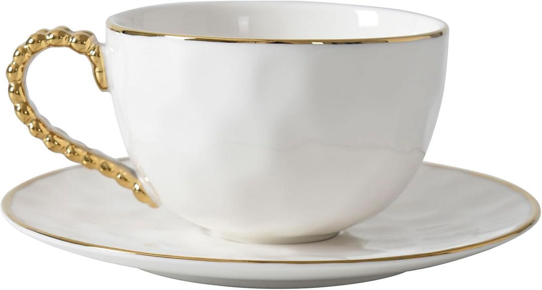 Pampa Bay Golden Salerno Teacup and Saucer, 7" x 7" x 3.25" (White with Gold)