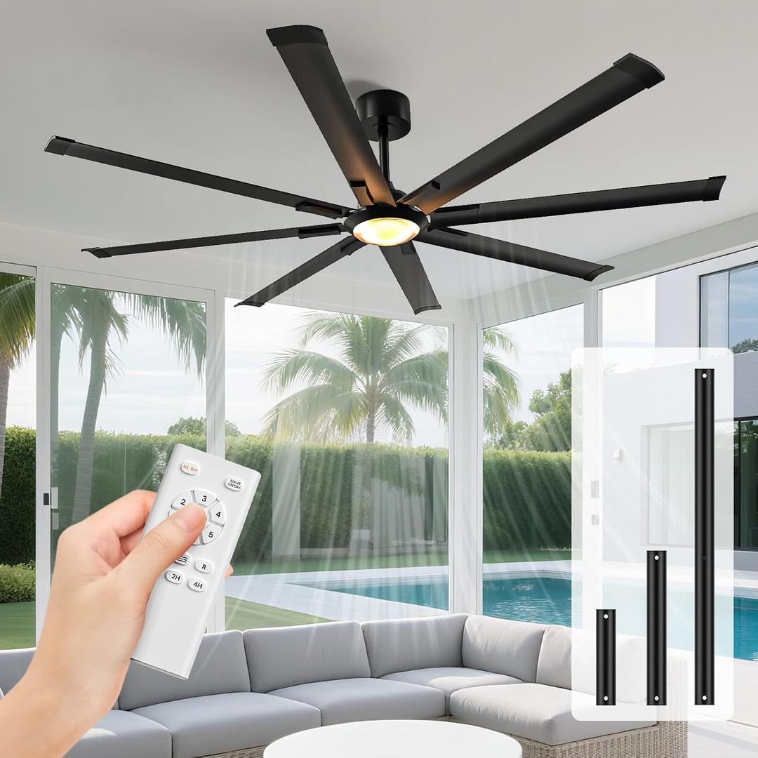 Ceiling Fans with Lights and Remote72 Inch Indoor Outdoor Large Ceiling Fan for Living Room Patio Kitchen 8 Aluminum Blades Black Industrial Ceiling Fan 6 Speed Reversible Quiet DC Motor