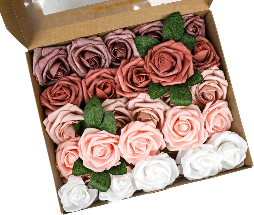 BEAYFILY White and Dusty Rose Mix Artificial Flowers Combo, Real Looking Fake Flowers for DIY Wedding Bridal Shower Bouquets Centerpieces Arrangements Party Tables Decoration