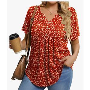 Womens Size Tunic Top Summer Short Sleeve T-Shirt V-neck Button Up Dressy Blouse Casual Pleated Pullover, L