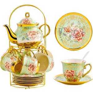 20 Pieces Porcelain Tea Set With Metal Holder, European Ceramic tea set for adults,Flower Tea Set,Tea Set For Women With Flower PaintingLight Green (Large version)