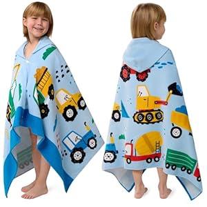 Joiedomi Hooded Towels for Kids Engineering Vehicle Print Soft 100% Cotton Kids Beach Towel 30" x 50" for 310 Years Boys Girls Beach Hooded Poncho Absorbent Pool Toddler Swim Bath Wrap