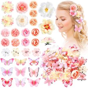 Bencailor 30 Pieces Hair Clips, Handmade Flower Butterfly Hair Clips, Realistic Flower Hair Accessories, Colorful Barrettes for Bride Women Wedding Girls Flower Hair Pins Hairpin (Pink, White)
