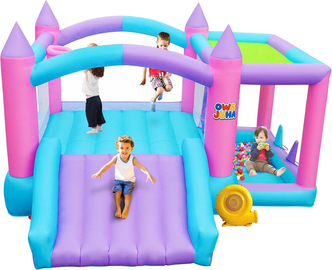 Inflatable Bounce House with Slide, 7 in 1 Jumping Castle with Blower, 143 x 148 x 78 Inch Large Bouncer, Sunshade Cover, Basketball, Ball Pit, Dart Game, 4 Players