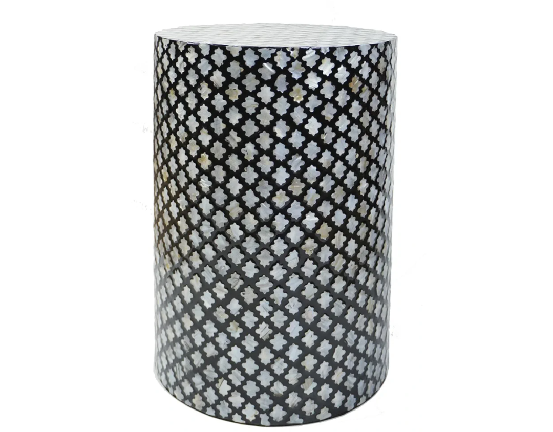 PEMAR Mother of Pearl Cylinder Drum End Table Capiz Shell Side Table Stool Coffee Accent Table Bedside Table Round Nightstand and Vanity Stool