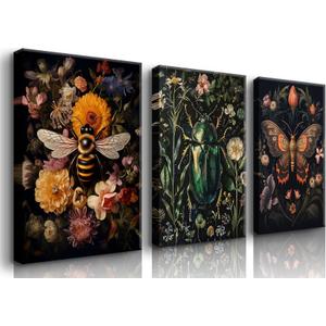 3 Pcs Dark Academia Butterfly and Bee Floral Wall Art Gothic Insect And Botanical Wall Decor Vintage Dark College Posters Canvas Prints Painting Picture for Bedroom Living Room 16x24in canvas