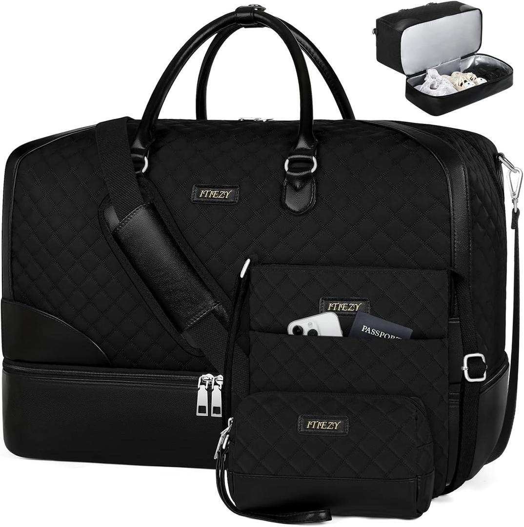 Weekender Bag for Women, Travel Duffel Bag Carry On Overnight Bag with Shoe Compartment Large Nylon Travel Weekend Tote Bag (9-black)