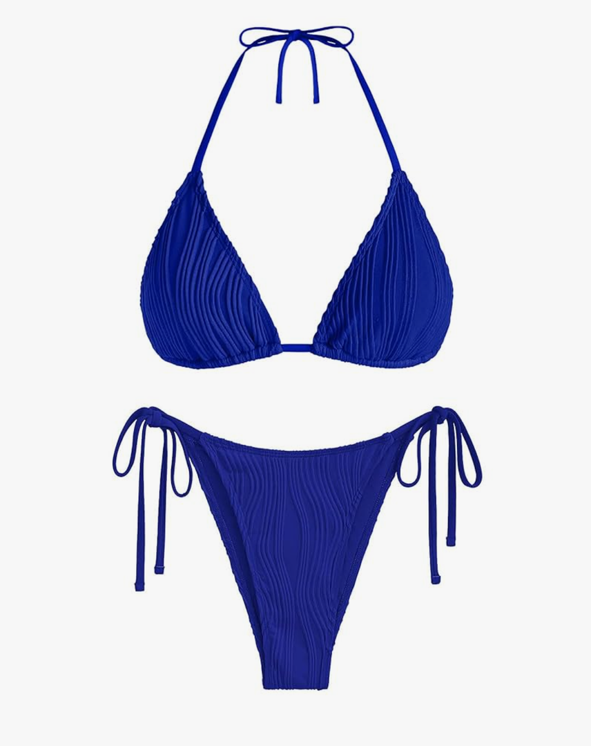 ZAFUL Triangle Bikini for Women 2 Piece Halter Bikini Sets Sexy High Cut Bathing Suit Side Tie Wave Textured Swimsuits M