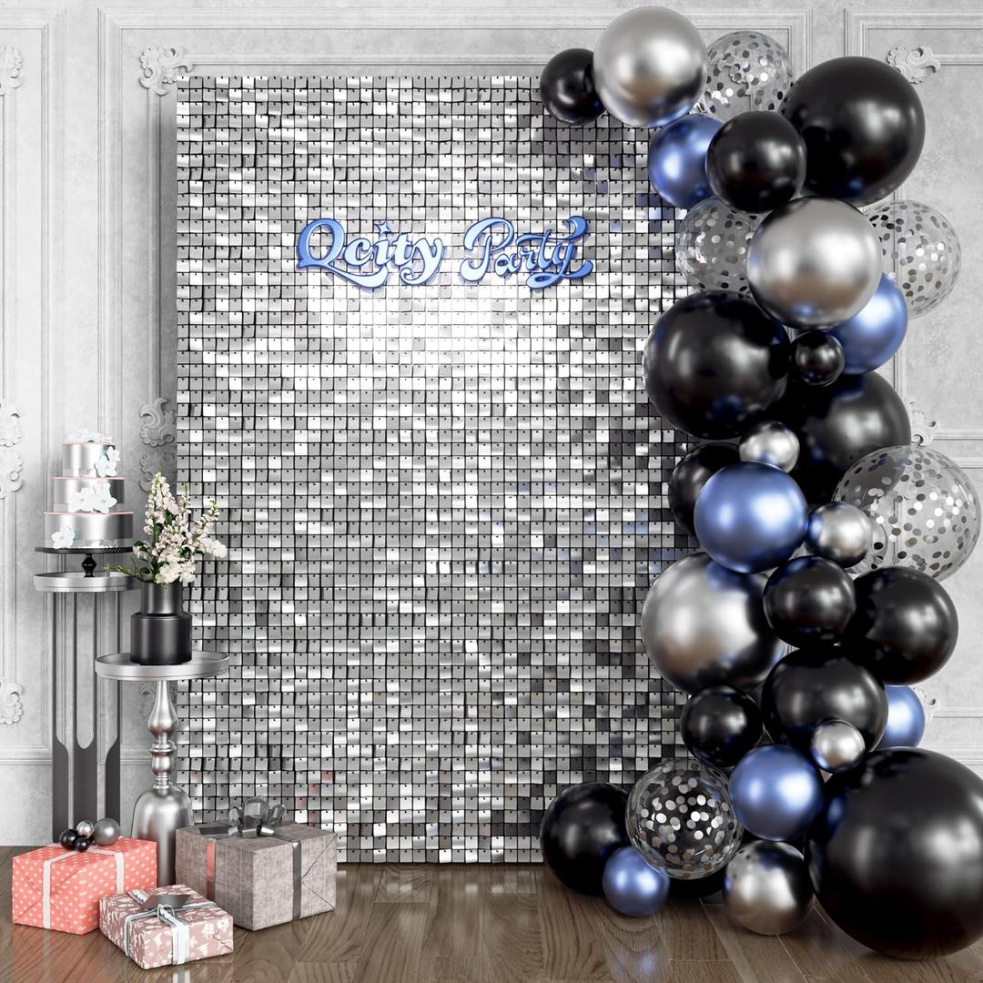 Qcity Silver Shimmer Wall Backdrop 24PCS, Black Back Not See-Through Design, Square Sequin Glitter Backdrop Panel, Perfect for Outdoor Events, Birthdays, Wedding and Party Decoration (Siver)