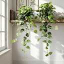 Fake Plants 2 Pcs Faux Pothos Plants Potted Indoor Artificial Hanging Plants Realistic Fake Greenery Table Desk Bathroom Office Bedroom Living Room Shelf Modern Farmhouse Decor Outdoor