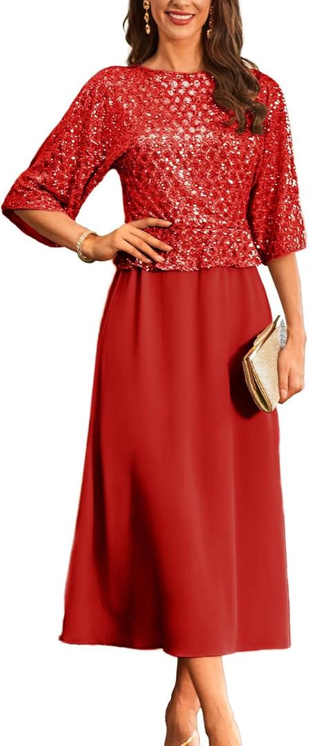 GRACE KARIN Mother of Bride Dresses 2025, 3/4 Sleeve Sequin Dress Maxi, Elegant Wedding Guest Dress Formal Cocktail (Small, Red)