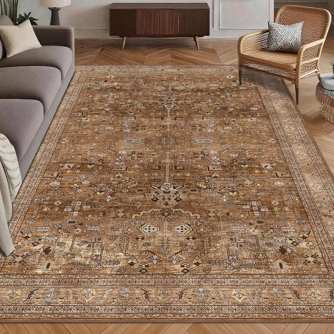 Washable Area Rug 6' x 9' Vintage Traditional Persian Mat - Foldable Distressed Non-Slip Machine Washable Carpet for Living Room Bedroom Kitchen Home Decor - Bronze and Ivory