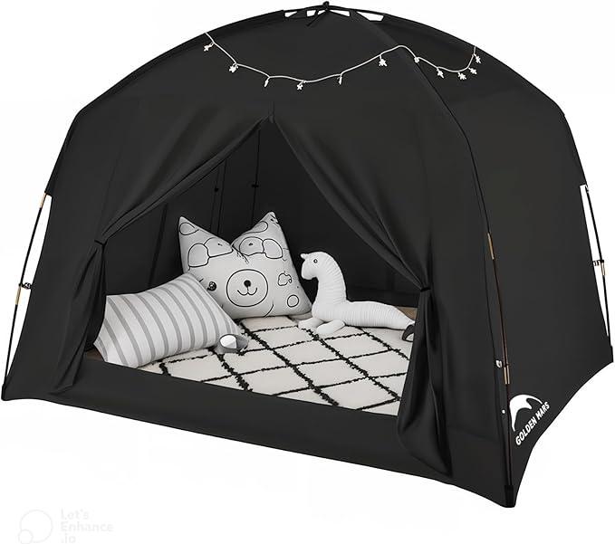 Bed Tents for Kids and Adult, Portable 100% Breathable and 93% Blackout Toddler Dream Play Tent, 3 Doors Big Privacy Space Sleeping Canopy for Floor or Twin Full Queen Sizes Bed (Black, Twin-Size)