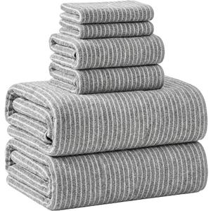 6 Pcs Oversized Bath Towels for Adults 35x70 Inches Gray & White Striped Extra Large Bath Towel Sets Bathroom Sheets Jumbo Shower Towels Quick Absorbent Soft Microfiber for Women Men