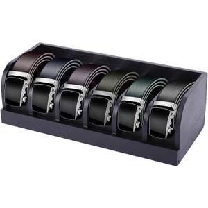 CLBDRESS Bamboo Belt Organizer Box 6 Compartments Belt Organizer for Closet and Drawer, Display Case for Tie and Belt, Belt Storage Organizer for Men Women Home Decor, Christmas/New Year gifts, Black